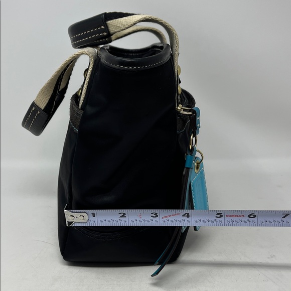 COACH Hamptons Small Satin Suede Leather Tote Black Turquoise A06M 126 Like New - Picture 6 of 17